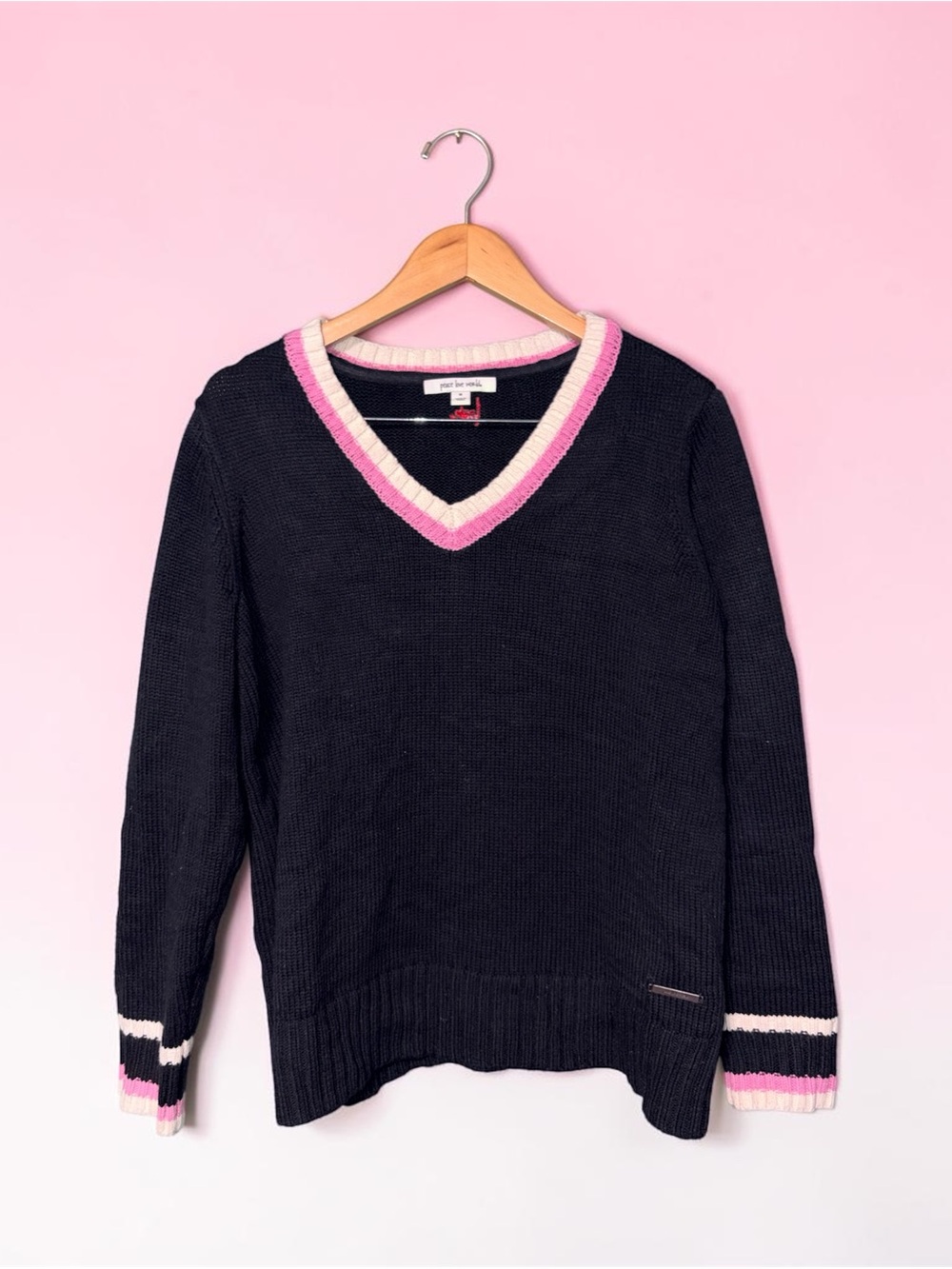 Peace Love World V-Neck Stripe Trim Sweater - size M